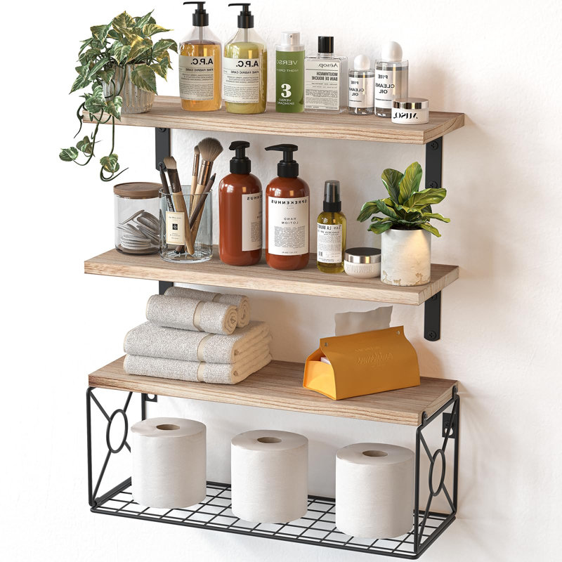 Bathroom Shelves Over Toilet With Storage Basket, Floating Wall Shelves For Home Organization & Wall Decor, Natural, Natural
