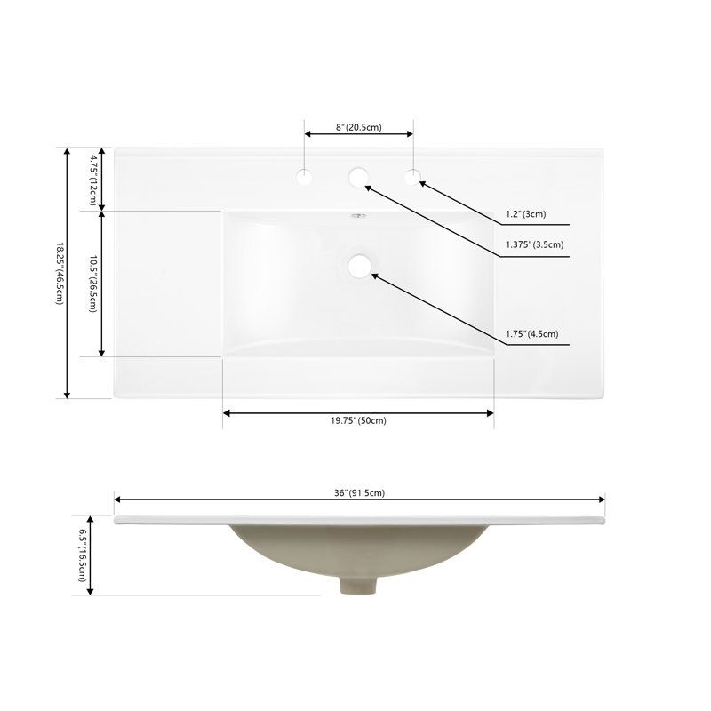 Plateau de meuble-lavabo de salle de bain rectangulaire en céramique lustrée classique rectangulaire à 3 trous l 36 po x P 18,25 po Ancillary
