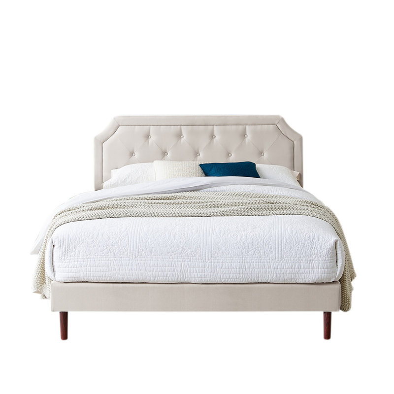 Structure de lit simple en lin avec tête de lit capitonnée à boutons Relexhoon Relexhoon, lit plateforme avec support en lattes de bois