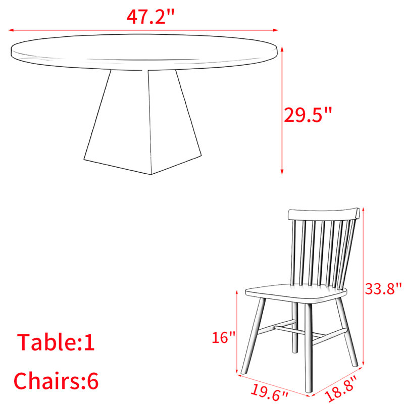 European style solid wood round table set, 29.5"H x 47.2"L x 47.2"W
