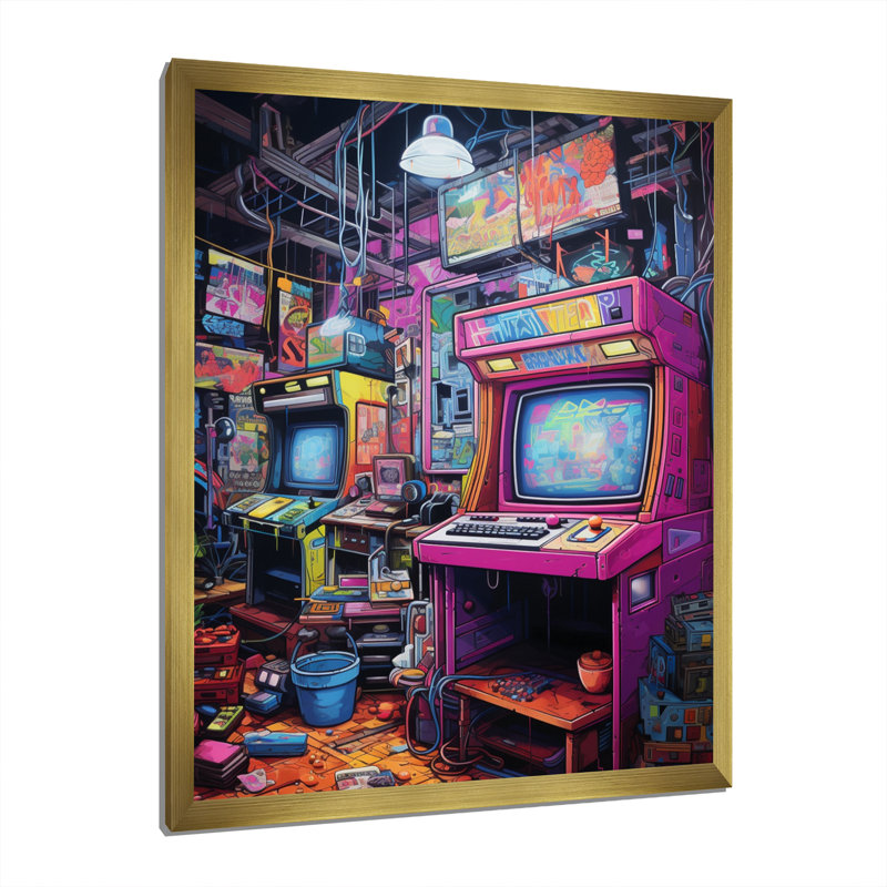 Jeu vidéo mauve bleu rétro, Cadre doré à une seule photo, H 40 po x l 30 po x P 1,5 po