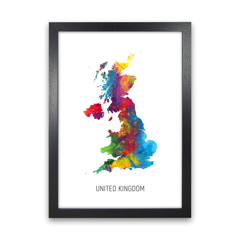 United Kingdom Watercolour Map by Michael Tompsett - 1 Piece Wall Art, 63cm H x 46cm W x 3cm D, Black Framed