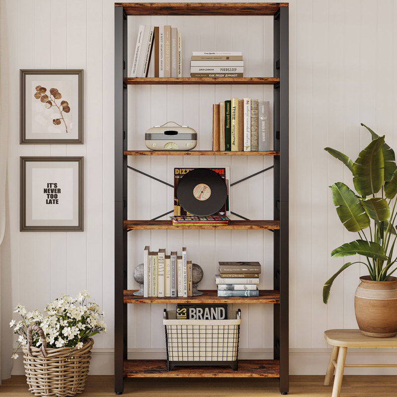 Bookshelf, 31.5In Wide Shelf 6 Tier Bookcase, 110Lbs/Shelf Industrial Bookshelves, Vintage Brown