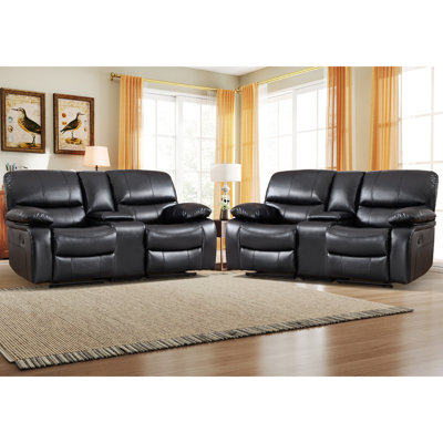 77'' Wide Upholstered Faux Leather Manual Reclining Loveseat With Center Console And Cup Holders(Set Of 2)
