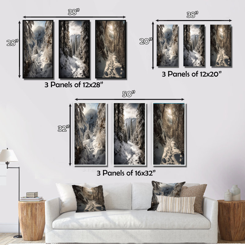 «Frosty Snow Forest Path», 3 pièces, H 20 po x l 36 po, Toile tendue