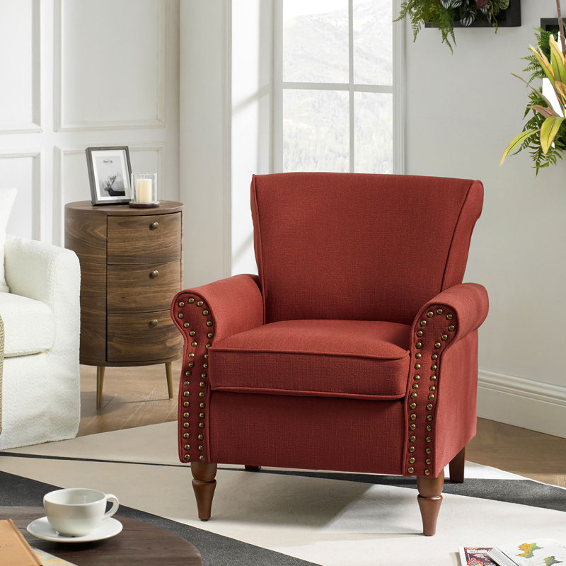 Mooresville Upholstered Armchair with Solid Wood Legs, Red Polyester
