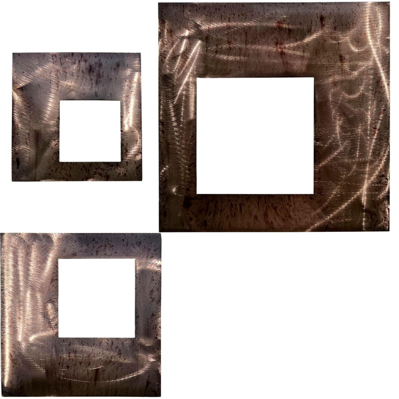 Meyerdirk Art Contemporary Distressed Copper Steel Wall Art Set of 3 Geometric Squares, Distressed Copper