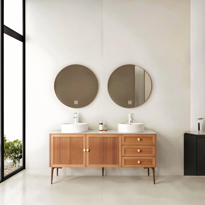 Meuble-lavabo autoportant de 60 po avec deux lavabos, armoire en contreplaqué soutenue par 5 pieds en métal, équipée de 3 tiroirs à fermeture douce et de 2 portes, lavabos en céramique blanche