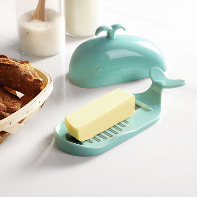 Ceramic Whale Butter Dish, With Lid & Measurement Guide, Teal, Countertop Storage
