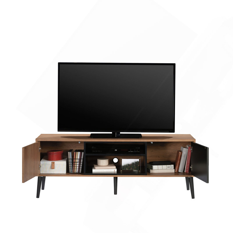 Élégante console multimédia à finition brune avec portes cannelées géométriques et tablettes réglables pour un rangement polyvalent