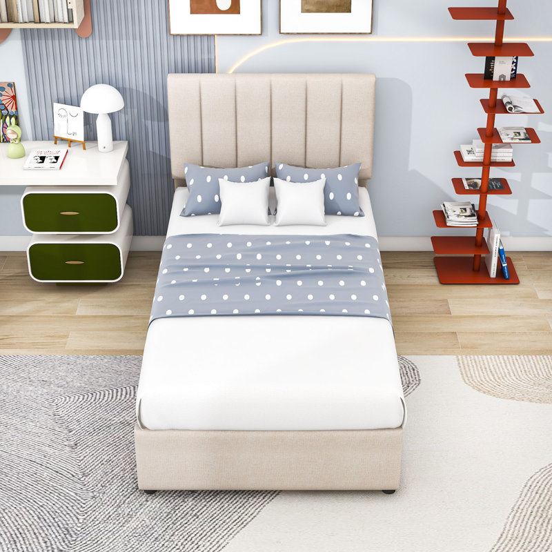 Lit plateforme simple tapissier en bois avec rangement relevable et lattes, Beige