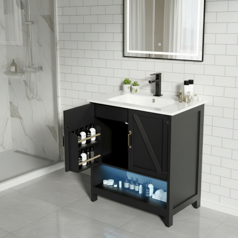 Meuble-lavabo noir, avec lavabo à DEL, portes à fermeture douce et support de rangement.