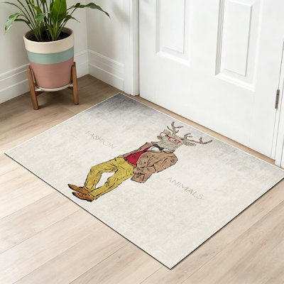 Tapis d'intérieur transparent lavable à la machine, motif cerf habillé, style hipster.