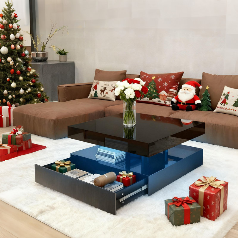 Modern High-Gloss Coffee Table with 16-Color LED Lights & Sliding Drawers for Living Room, Black, 1