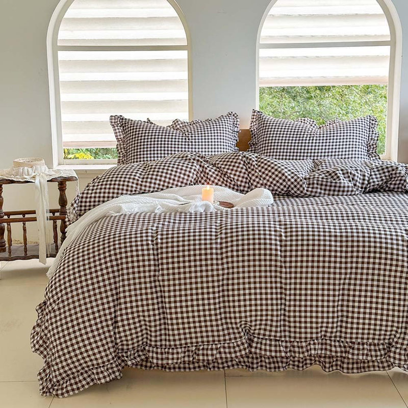 Ensemble d'édredon à volants en microfibre Gingham, Guingan moka, Lit simple