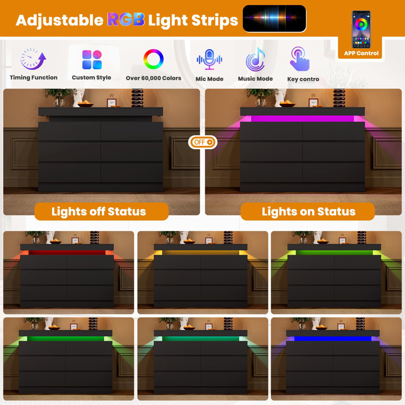 47.2'' Modern 6-Drawer Dresser with LED Lights & Charging Station, High Gloss Storage Cabinet TV Stand for Bedroom & Living Room
