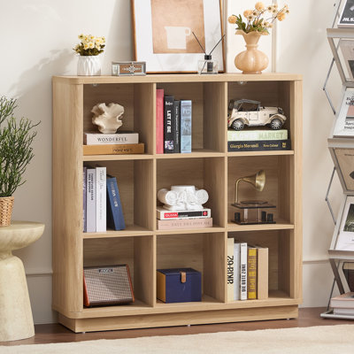 Étagère de rangement à 9 cubes, bibliothèque de rangement de 41 po de hauteur avec bord incurvé, bibliothèque à 3 niveaux avec base en bois, bibliothèque rétro pour chambre à coucher, bureau