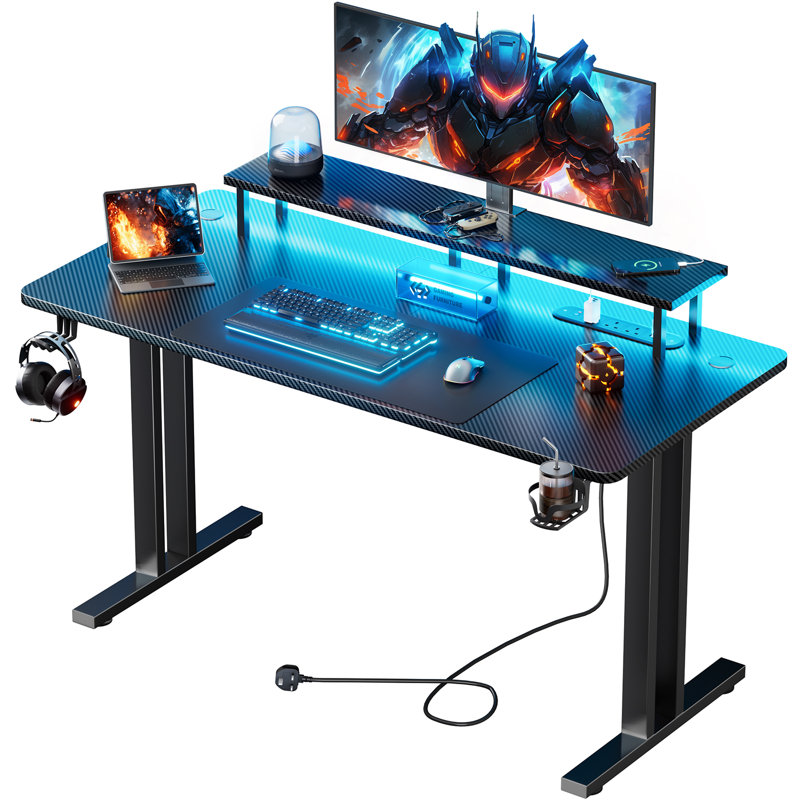 Gaming Desk with LED Lights & Power Outlet, Computer Gamer Desk with Monitor Stand, Ergonomic Carbon Fiber Gaming Table Home Office Desk with Cup Holder, Headphone Hook & Mouse Pad,Black