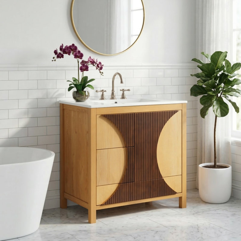 Meuble-lavabo en bois massif avec lavabo intÃ©grÃ© et portes Ã  fermeture amortie, meuble de salle de bain moderne sur pied en bois avec tiroir et Ã©tagÃ¨res ouvertes