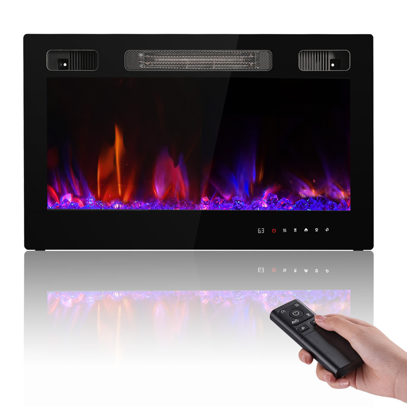 Chaufferette encastrée et murale encastrable électrique 750W / 1500W avec pierre de cristal, télécommande, minuterie 12 heures, couleur de flamme réglable, écran tactile