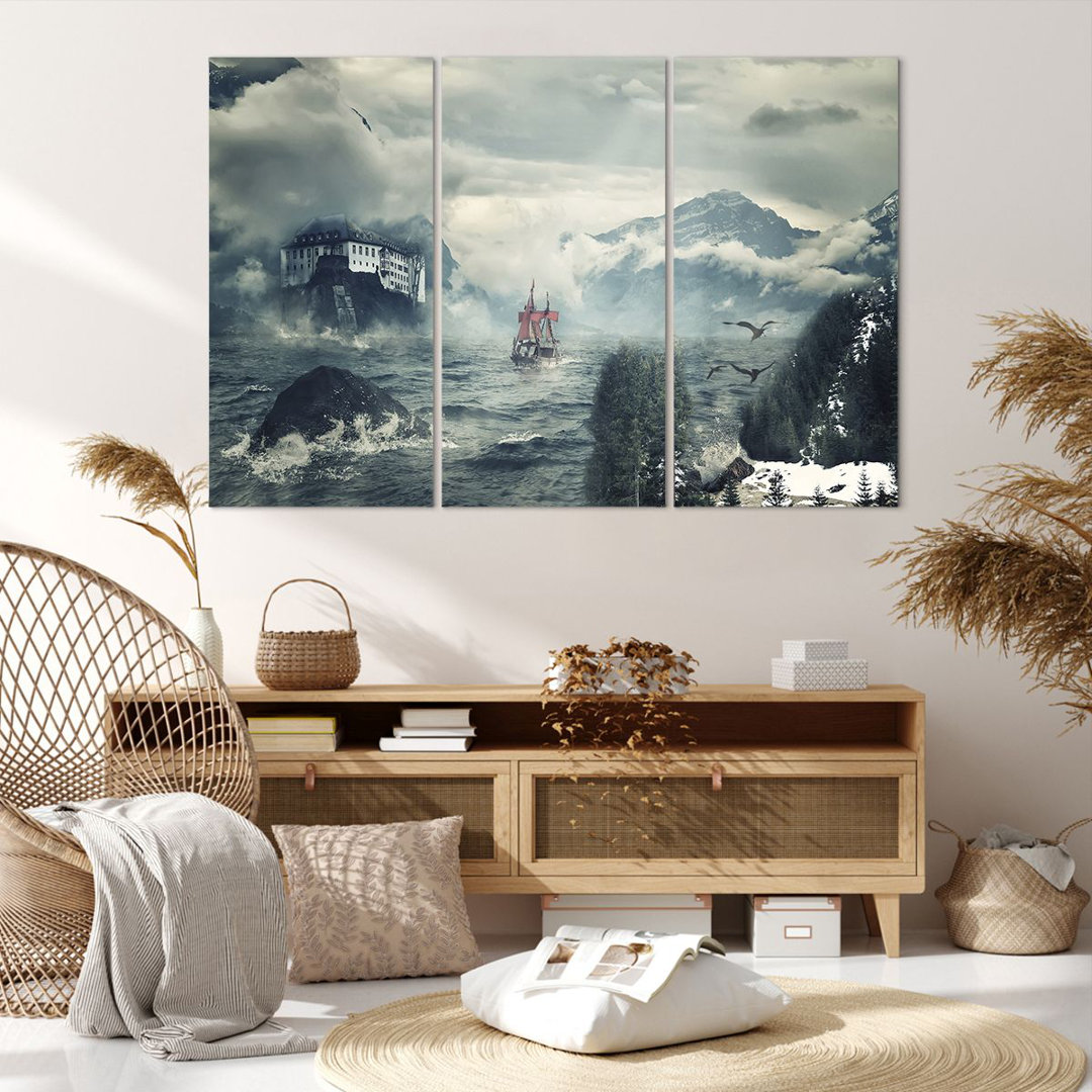 3-tlg. Leinwandbilder-Set Storm Mountains Sailing Ship