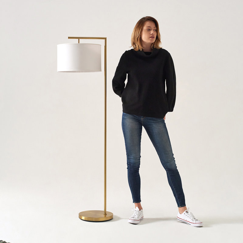 Lampe sur pied à DEL dorée 60 po Montage avec abat-jour tambour en tissu blanc, ampoule incluse, Doré, Blanc