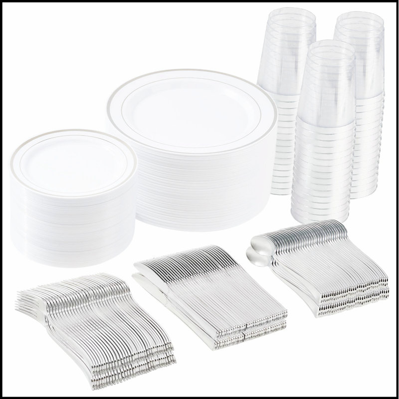 Durable Gold and Silver Plastic Tableware Set for Large Gatherings, Reusable and Elegant for 50+ Guests