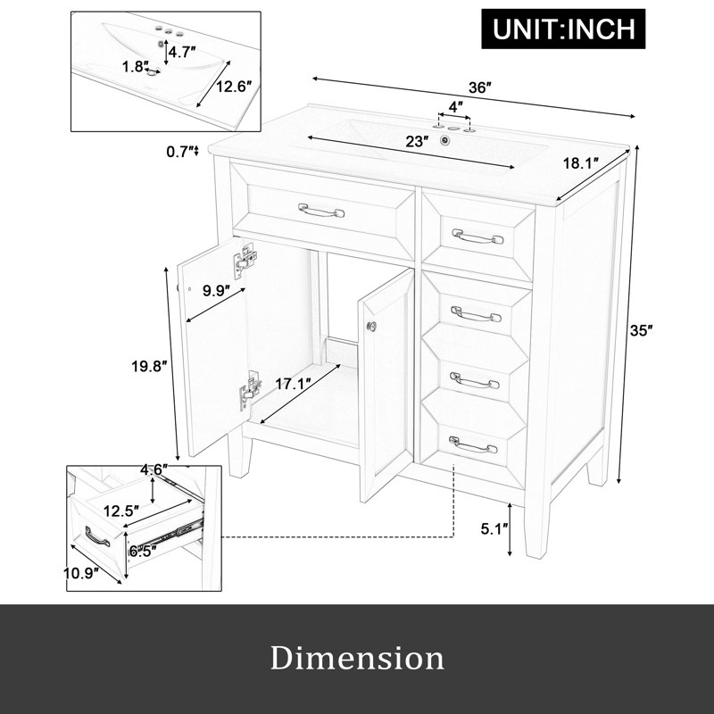 Meuble-lavabo 36 po avec lavabo, armoire de salle de bain avec tiroirs, structure solide et panneau de fibres à densité moyenne