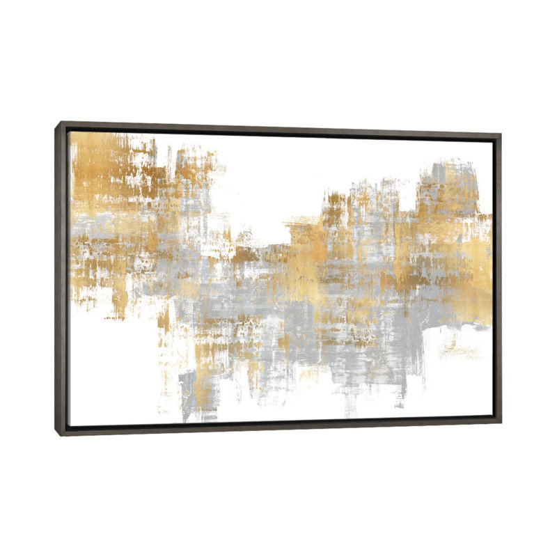 Dynamic Gold On Grey I by Alex Wise - Painting, Dark Rustic Wood Framed Canvas, 40" H x 60" W x 1.5" D, No Mat