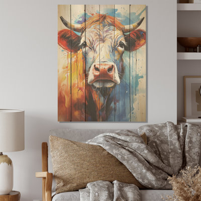 Vache colorée, portrait expressionniste I - Vache, art mural sur bois de pin naturel
