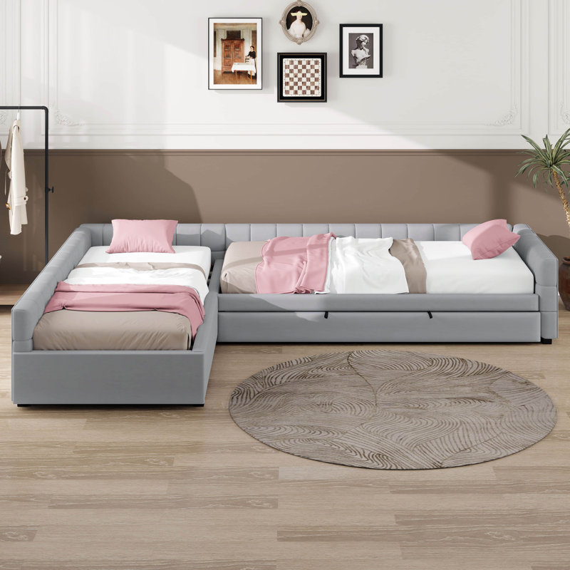 Lit en L avec lit gigogne, lit de jour rembourré avec rangement, lit d'angle moderne avec tiroir, Beige