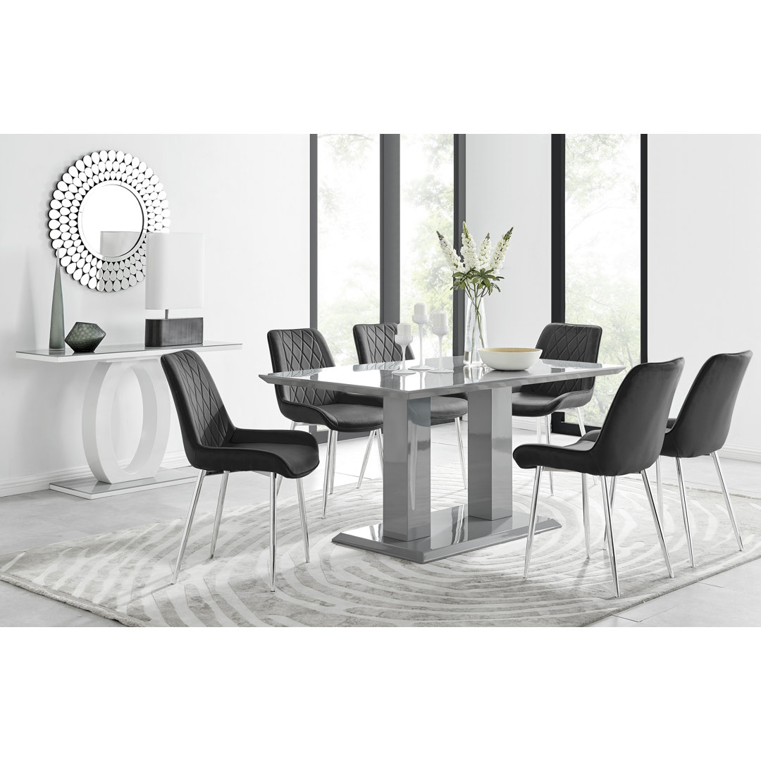 Eubanks High Gloss Double Pillar Dining Table Set with 6 Luxury Velvet Upholstered Dining Chairs East Urban Home