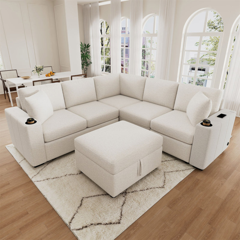 Canapé-lit modulaire convertible en L 84,7 po avec canapé-lit et canapé en U avec rangement et repose-pieds mobile, beige