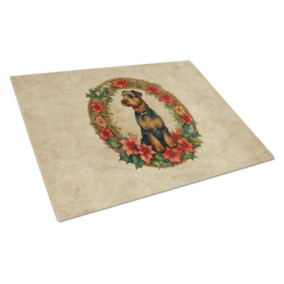 Airedale Terrier Christmas Flowers Glass Cutting Board