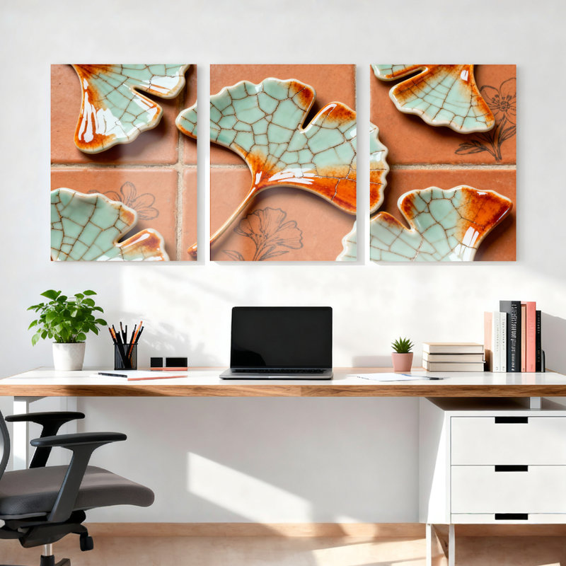 «Ginkgo Leaf», motif de carreaux de céramique sur toile, impression botanique moderne (ensemble de 3), H 30 po x l 60 po