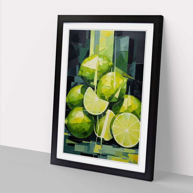 Sliced Lime Cubism - Single Picture Frame Print on Wood, Black , 34cm H x 25cm W x 2cm D