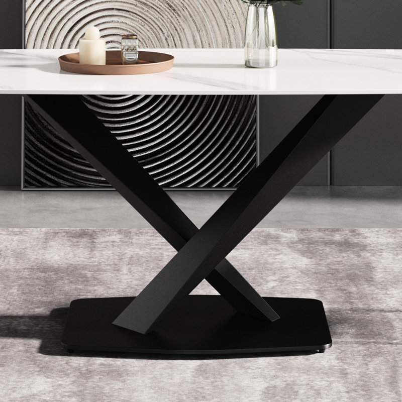 Table de salle à manger rectangulaire en pierre frittée blanche de 63 po avec pieds en métal en forme de X noir pour 6 personnes, résistant au feu et facile à nettoyer
