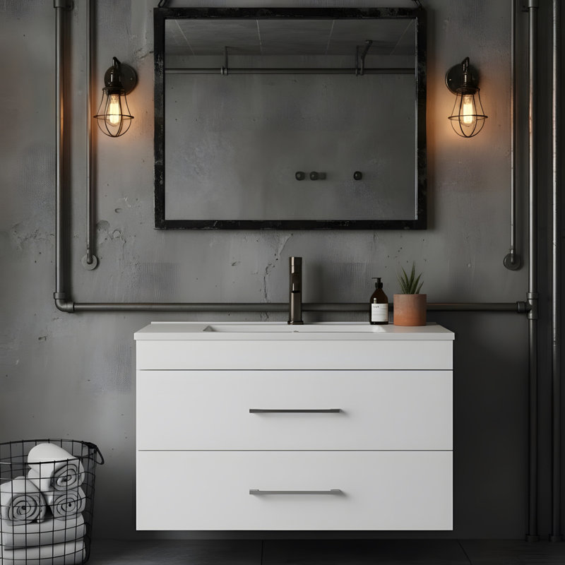 White Gloss Wall-Mounted Bathroom Vanity, 31"