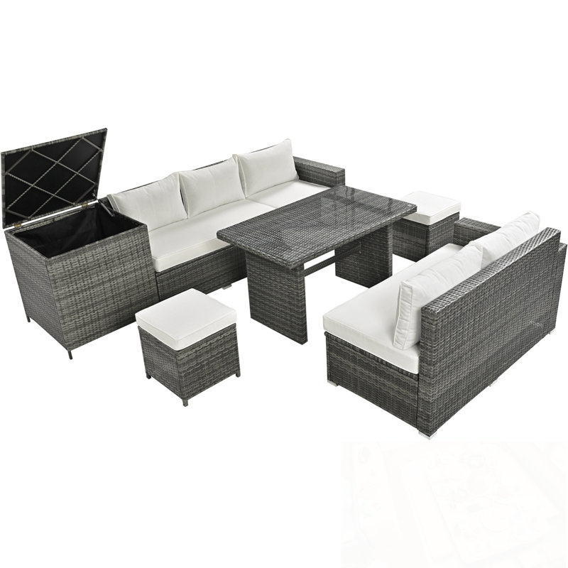 Ensemble modulaire en rotin de polyéthylène 6 pièces avec siège réglable, boîte de rangement et table en verre, Beige