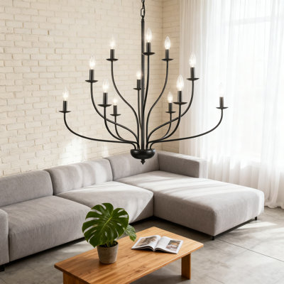 Lustre de ferme noir 36 pouces à 12 lumières avec ampoules de style bougie, luminaire industriel à hauteur réglable pour le vestibule, le vestibule, le couloir
