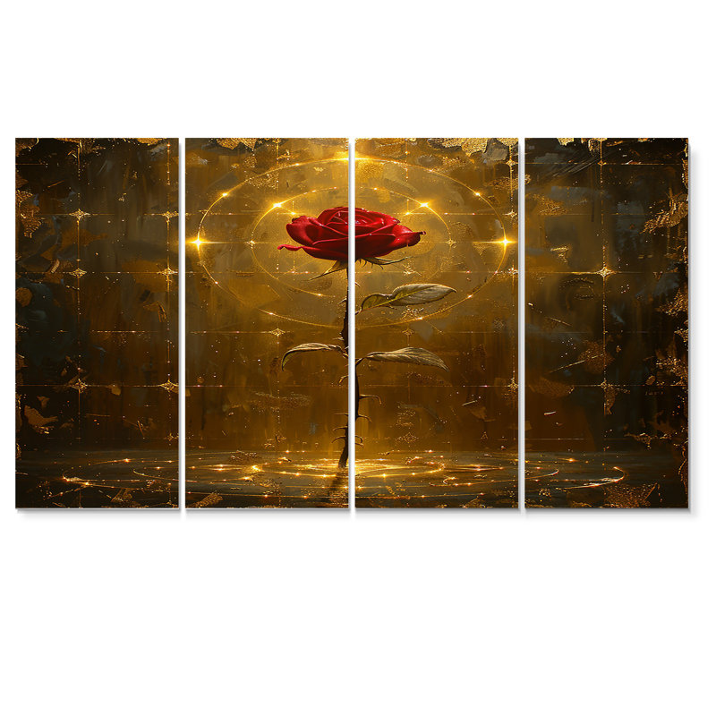 «Celestial Red Rose Magical Gold» - ensemble de 4 décorations murales roses, H 32 po x l 64 po