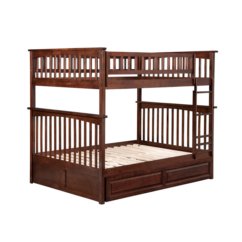 Lit superposé standard en bois massif avec lit gigogne Flinn, Simple sur double, Noyer