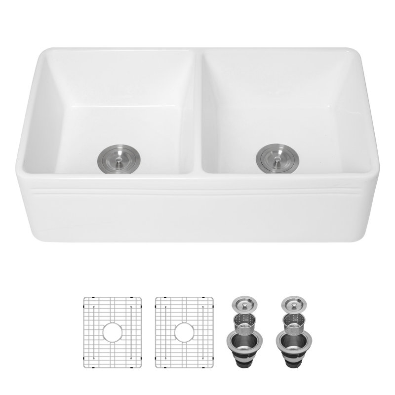 Évier de cuisine à double cuve de style campagnard à deux cuves Lofeyo - Évier en porcelaine réfractaire à tablier frontal avec double cuve divisée 50/50, lavabo profond à finition blanche ultrabrillante et durable