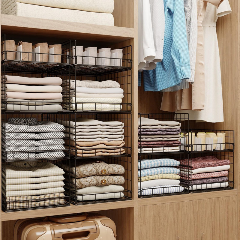 Stackable Closet Organizers and Storage Shelves for Clothes, Wardrobe Clothes Organizer for Folded Clothes, Clothes Storage Organizer Organization Bins Shelves Baskets for Closet, Sturdy Metal Frame