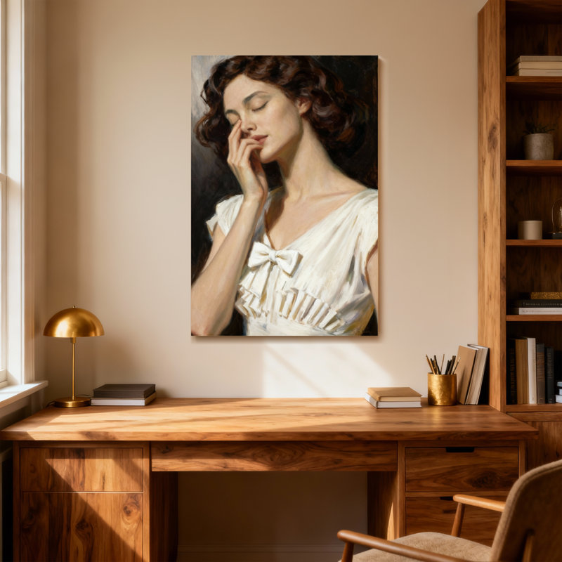 Femme à la mode en robe blanche aux yeux fermés, H 18 po x l 12 po
