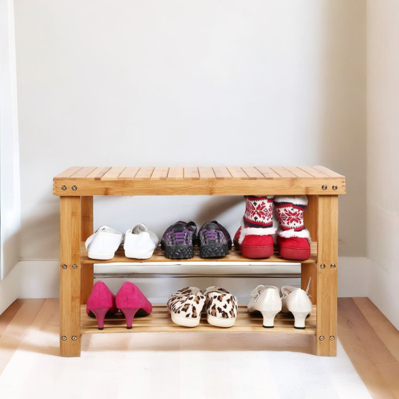Natural Bamboo Wooden Shoe Rack Bench with Storage Shelves Shoe Organiser Entryway Hallway