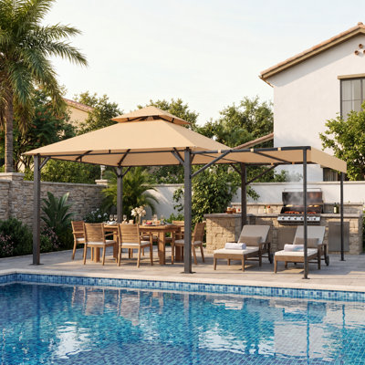 Gazebo de terrasse extérieure de 4,88 m x 3,05 m avec auvent latéral étendu et canopée à double niveau