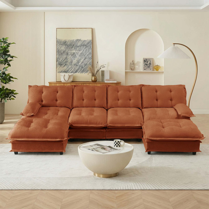 Canapé modulaire en tissu chenille moderne modulaire à 4 places avec 2 repose-pieds pour salon, Orange