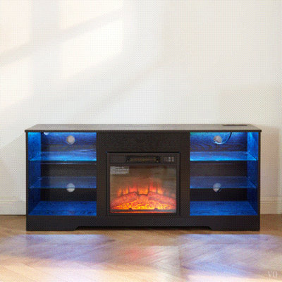 Meuble télé Meuble télé avec foyer et tablettes en verre, foyer 3D avec lumières DEL en bois et prise de charge USB