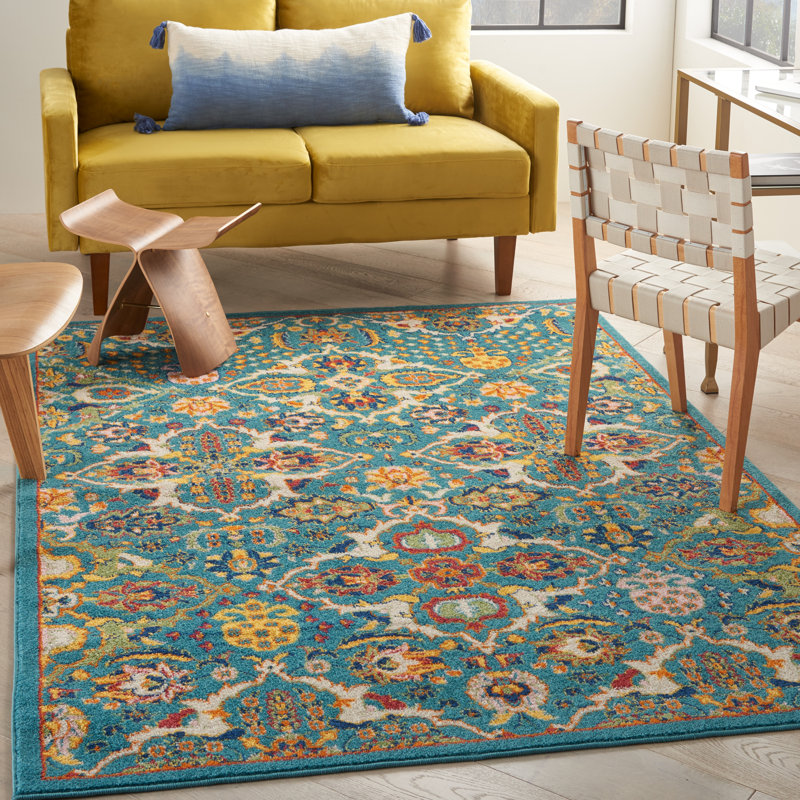 Tapis turquoise / ivoire / jaune Welaka, Rectangle 5 pi 3 po x 7 pi 3 po